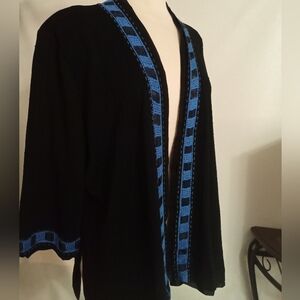 Ming Wang Stretch Knit Open Cardigan Women Black & Blue Trim, See Measurements